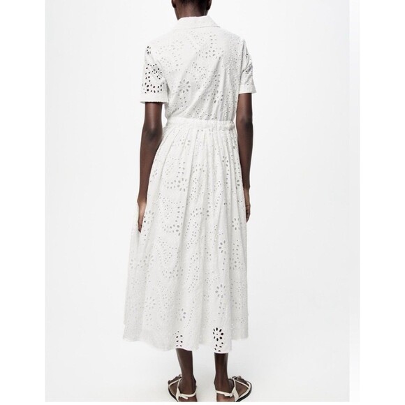 ZARA White Embroidered Eyelet Midi Shirt Dress Pockets Overlay Skirt Sz Medium - Picture 3 of 15
